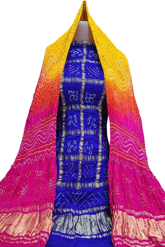 Multicolor Bandhani Pure Gajji Silk Two Piece Unstitched Suit Set - Luxurion World