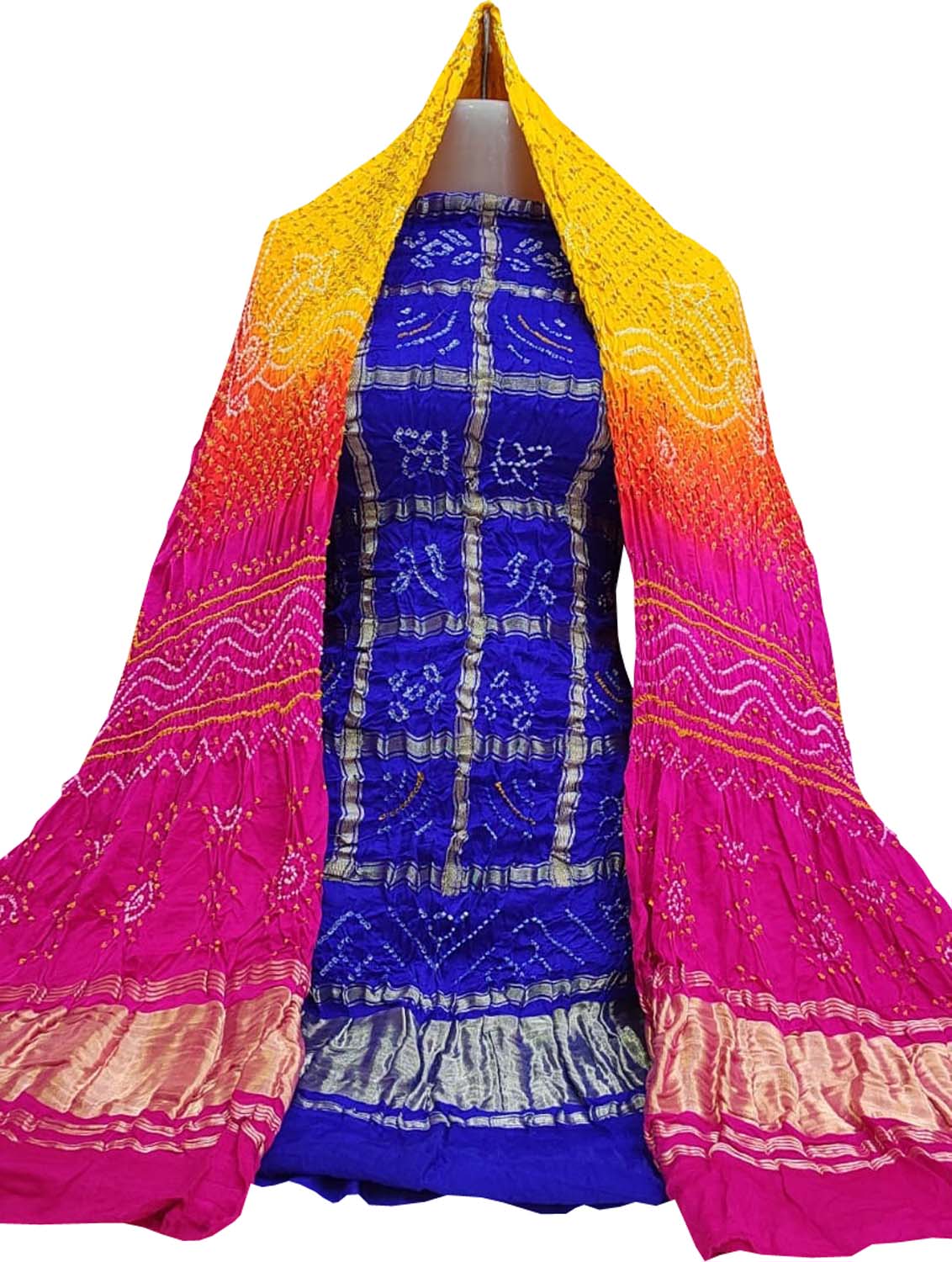 Multicolor Bandhani Pure Gajji Silk Two Piece Unstitched Suit Set - Luxurion World