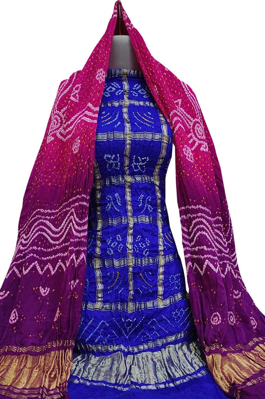 Multicolor Bandhani Pure Gajji Silk Two Piece Unstitched Suit Set - Luxurion World