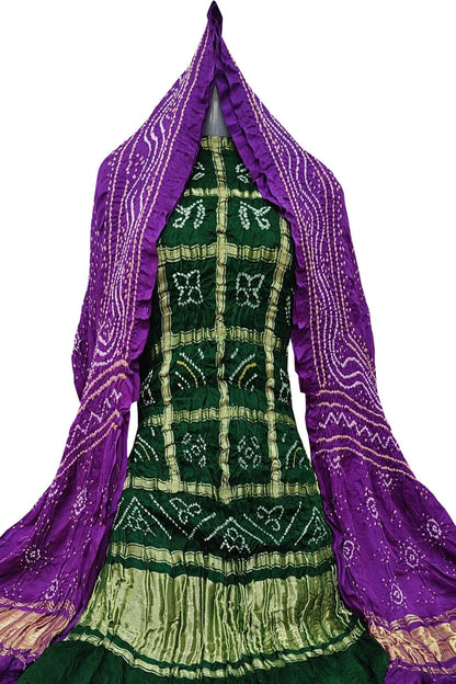 Green And Purple Bandhani Pure Gajji Silk Two Piece Unstitched Suit Set