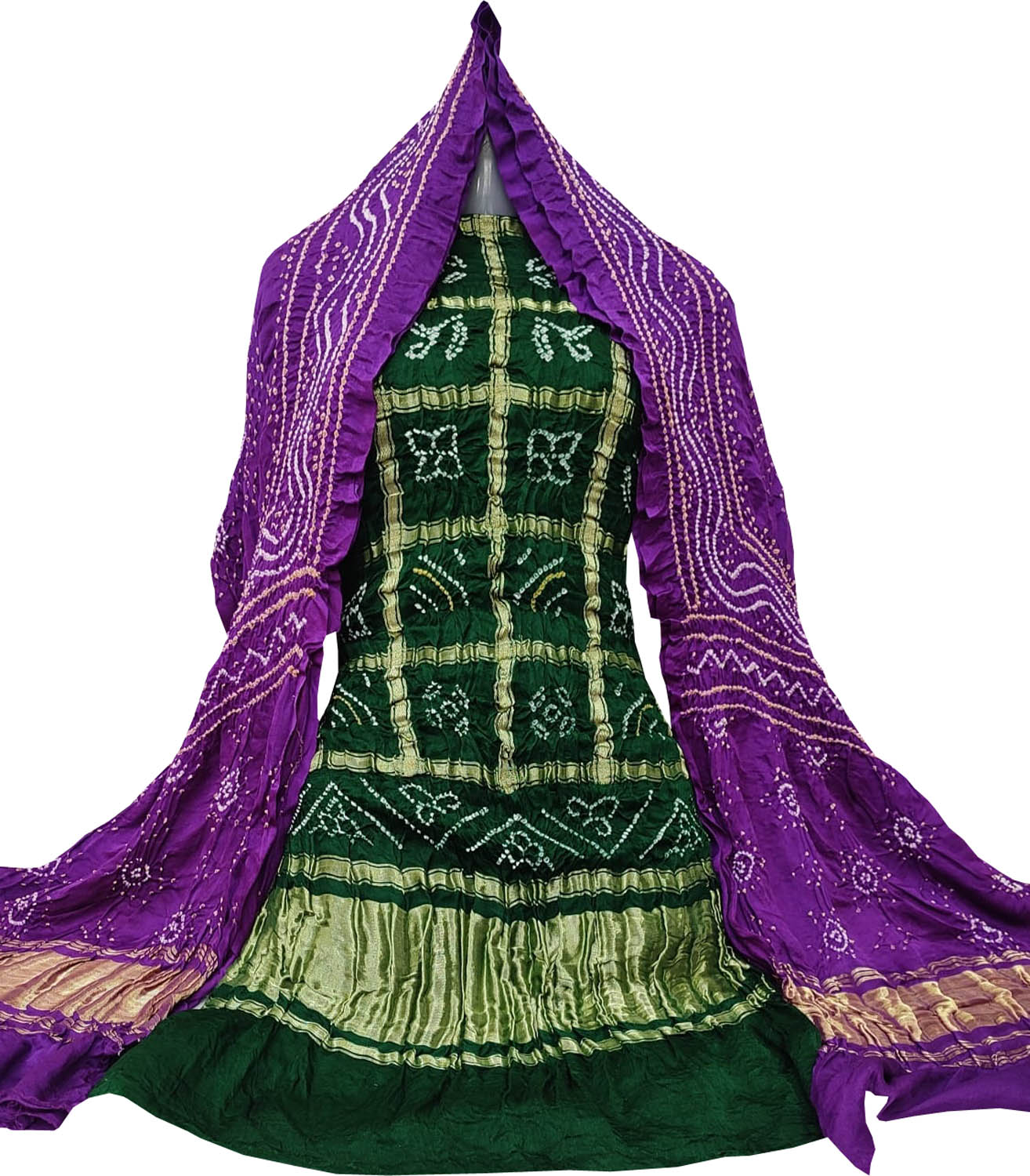 Green And Purple Bandhani Pure Gajji Silk Two Piece Unstitched Suit Set
