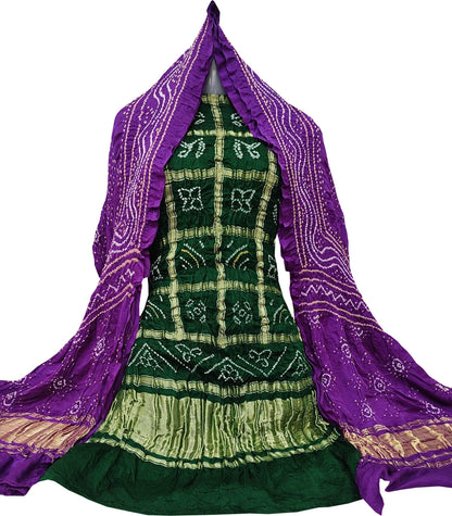 Green And Purple Bandhani Pure Gajji Silk Two Piece Unstitched Suit Set - Luxurion World