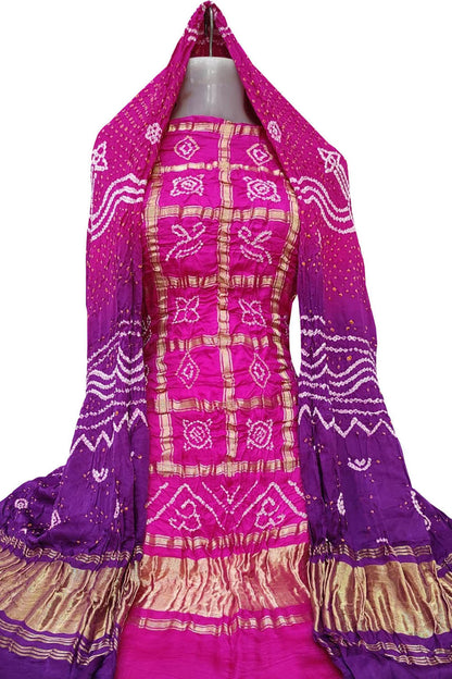 Pink And Purple Bandhani Pure Gajji Silk Two Piece Unstitched Suit Set