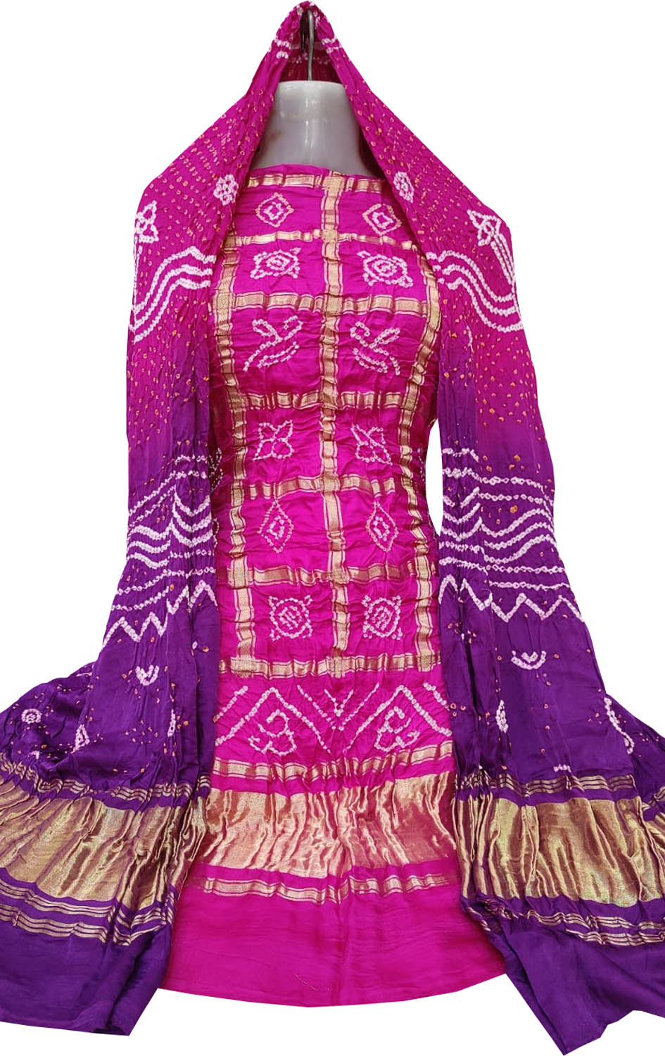 Pink And Purple Bandhani Pure Gajji Silk Two Piece Unstitched Suit Set