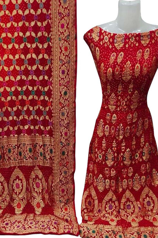 Red Banarasi Bandhani Handloom Pure Georgette Three Piece Unstitched Suit Set - Luxurion World