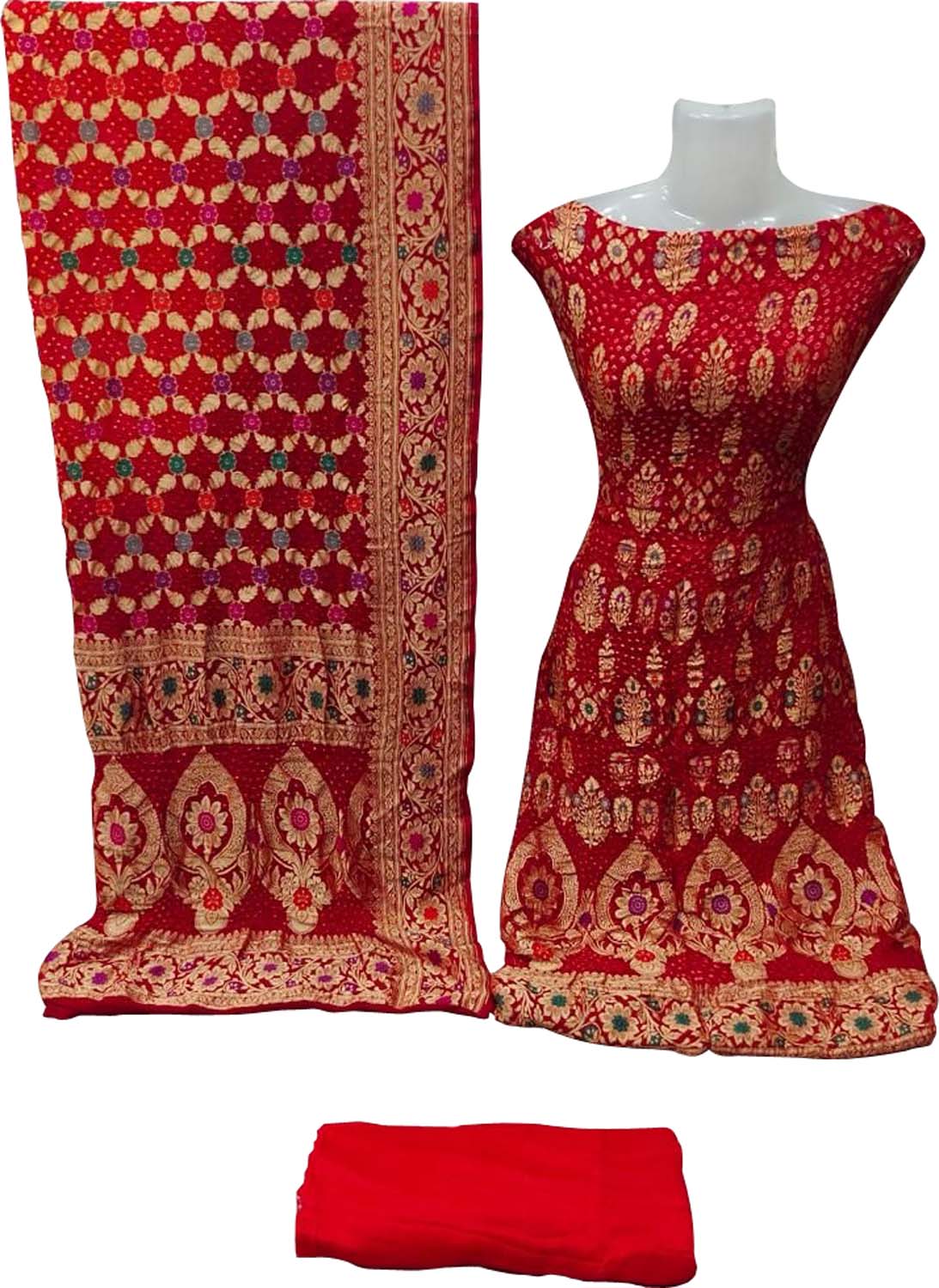 Red Banarasi Bandhani Handloom Pure Georgette Three Piece Unstitched Suit Set - Luxurion World