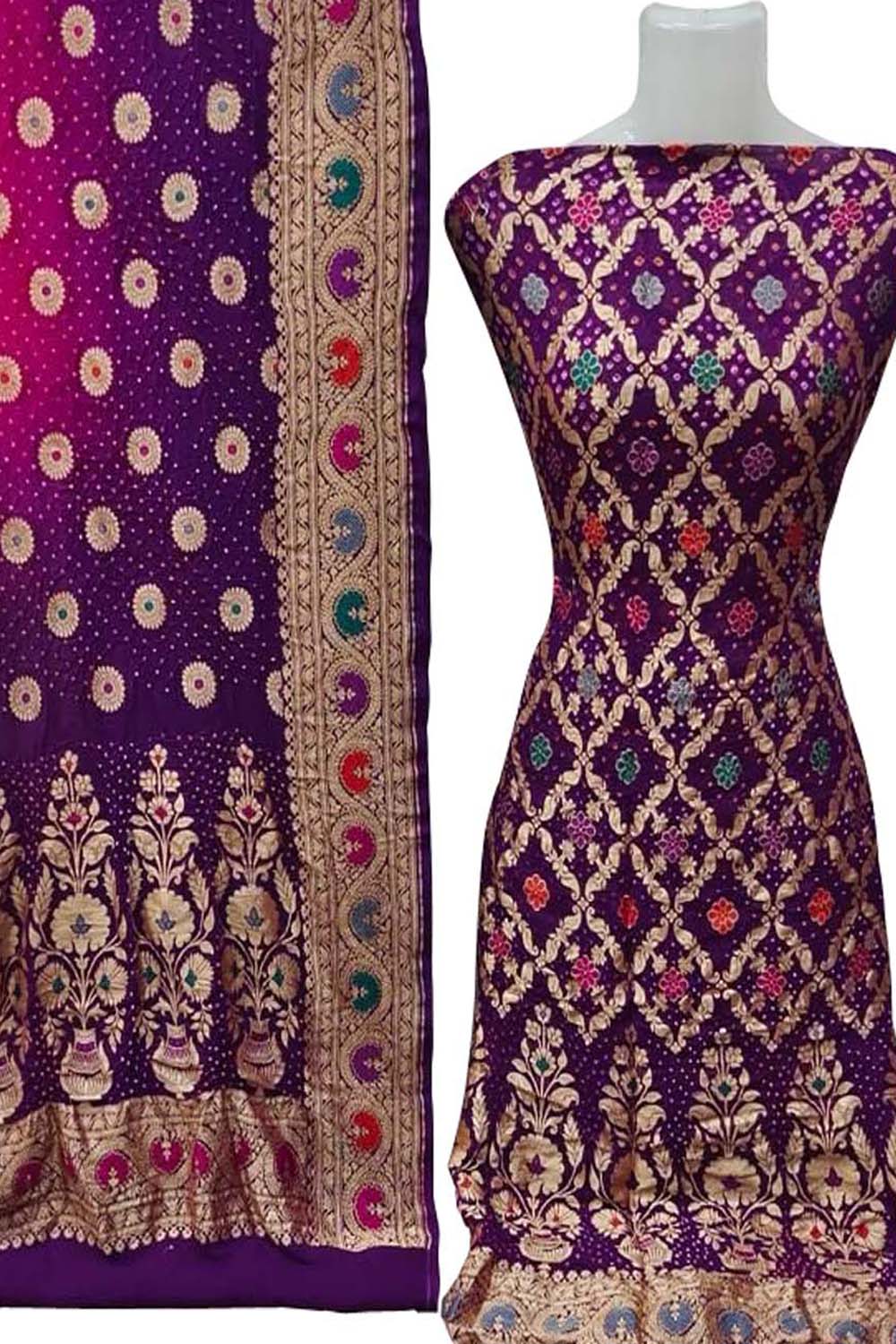 Purple And Pink Banarasi Bandhani Handloom Pure Georgette Three Piece Unstitched Suit Set