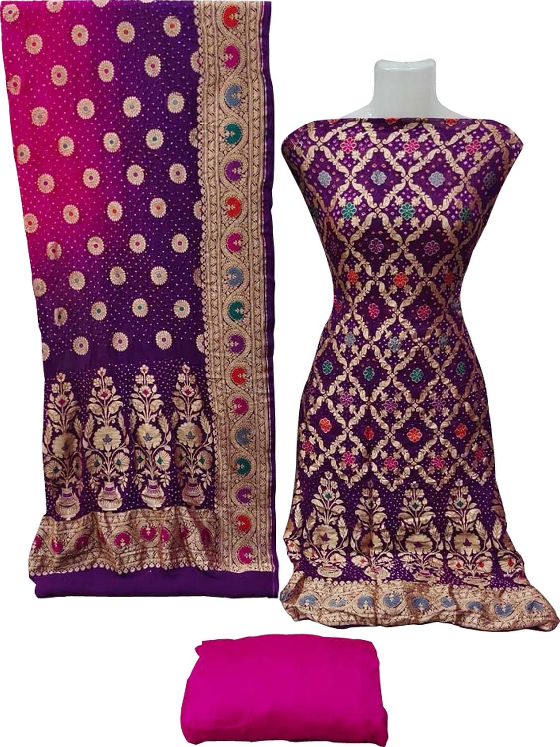 Purple And Pink Banarasi Bandhani Handloom Pure Georgette Three Piece Unstitched Suit Set