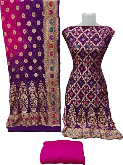 Purple And Pink Banarasi Bandhani Handloom Pure Georgette Three Piece Unstitched Suit Set - Luxurion World