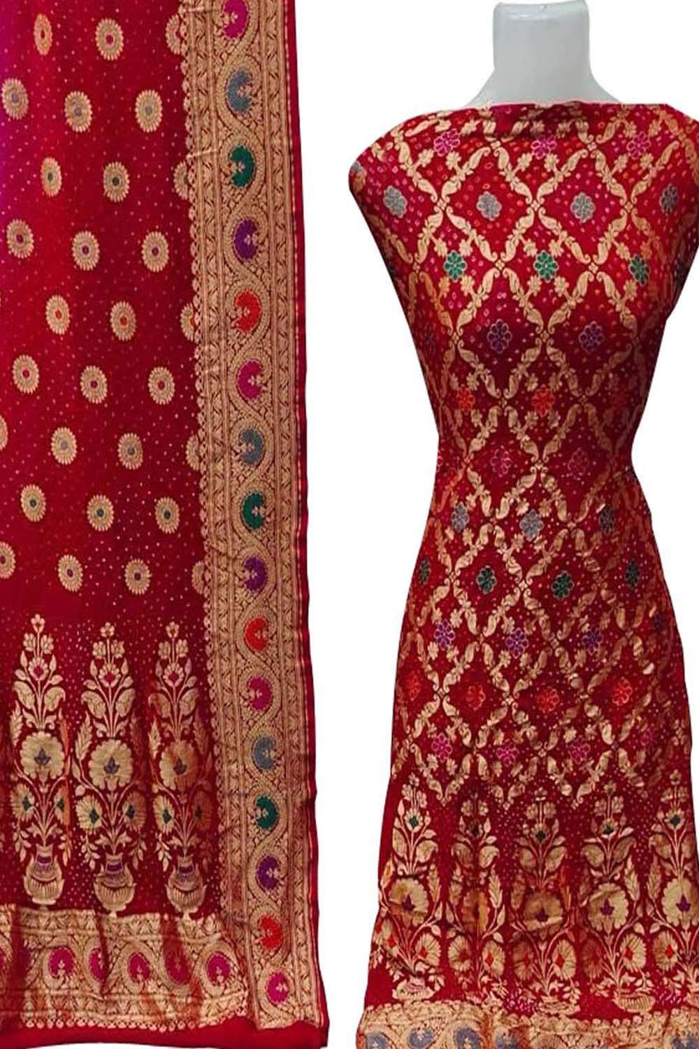 Red And Pink Banarasi Bandhani Handloom Pure Georgette Three Piece Unstitched Suit Set - Luxurion World