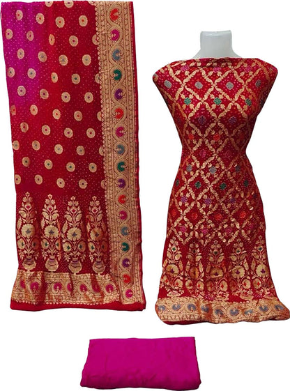 Red And Pink Banarasi Bandhani Handloom Pure Georgette Three Piece Unstitched Suit Set - Luxurion World