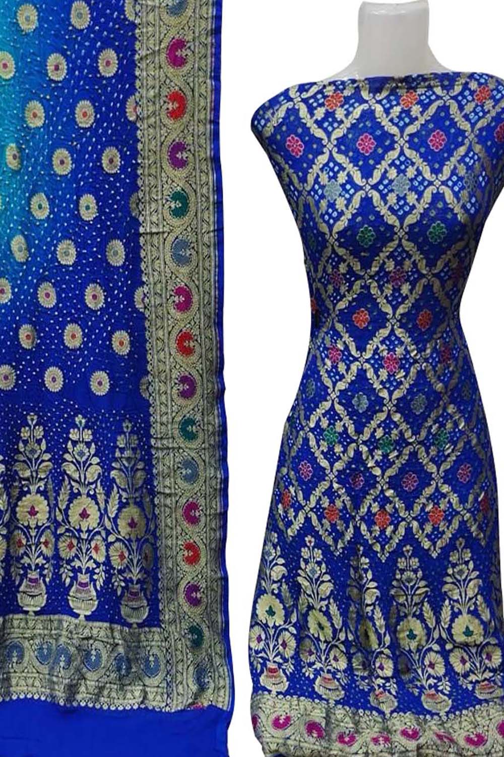 Blue Banarasi Bandhani Handloom Pure Georgette Three Piece Unstitched Suit Set - Luxurion World