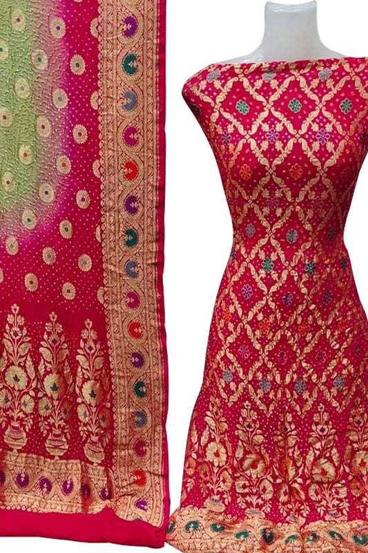 Pink And Green Banarasi Bandhani Handloom Pure Georgette Three Piece Unstitched Suit Set - Luxurion World