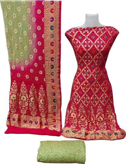 Pink And Green Banarasi Bandhani Handloom Pure Georgette Three Piece Unstitched Suit Set