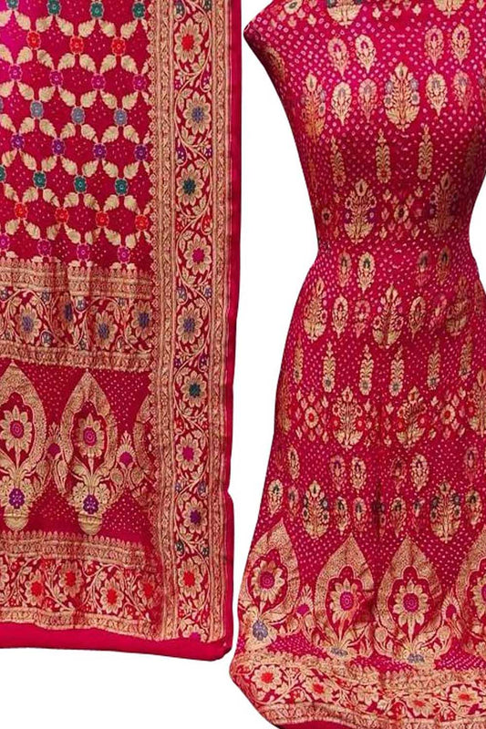 Pink Banarasi Bandhani Handloom Pure Georgette Three Piece Unstitched Suit Set - Luxurion World