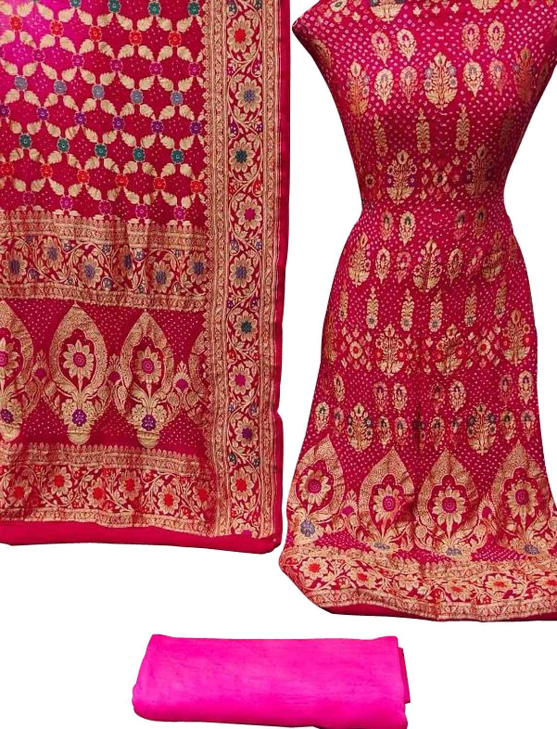 Pink Banarasi Bandhani Handloom Pure Georgette Three Piece Unstitched Suit Set - Luxurion World
