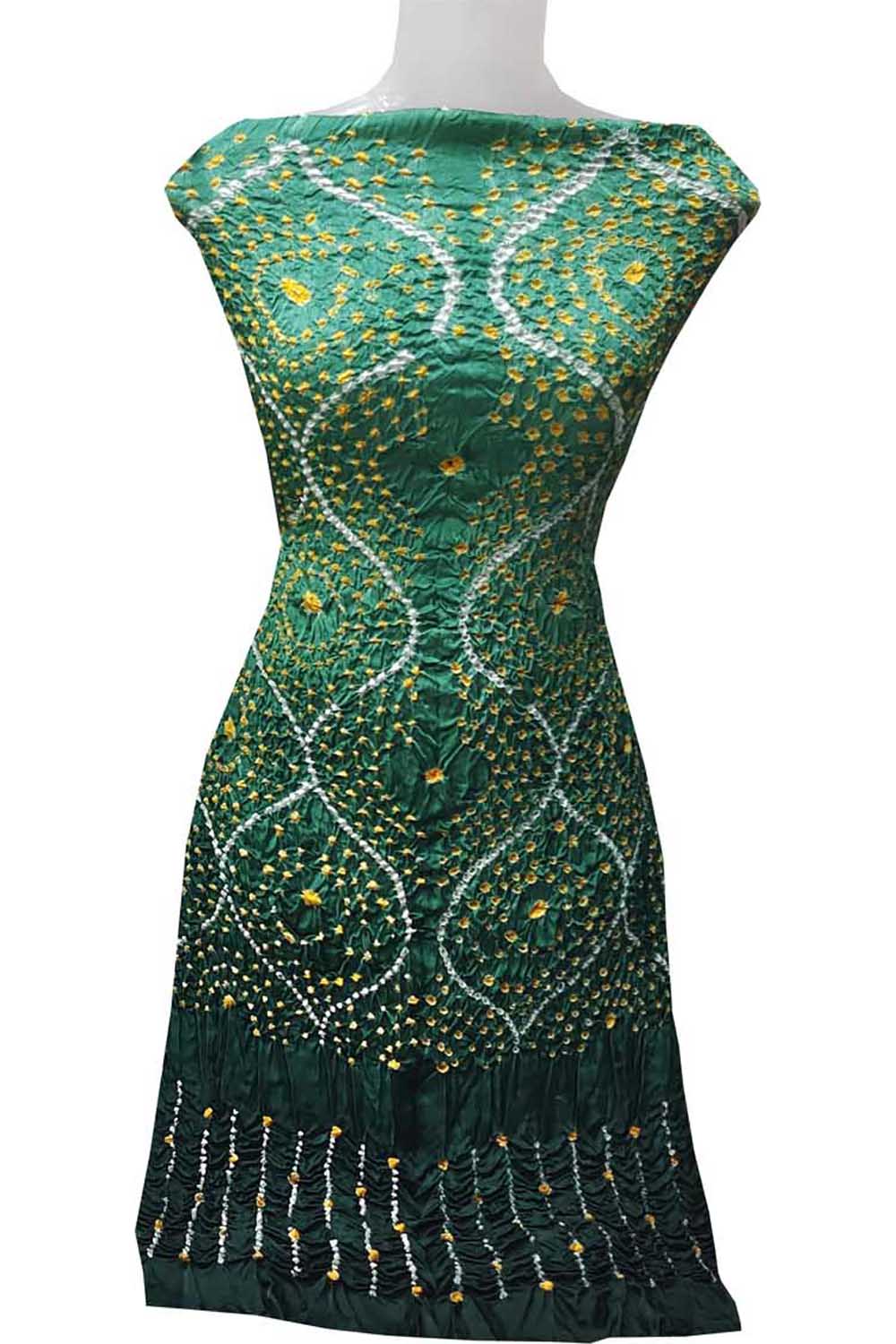 Green Bandhani Hand Bandhej Gajji Silk Three Piece Unstitched Suit Set - Luxurion World