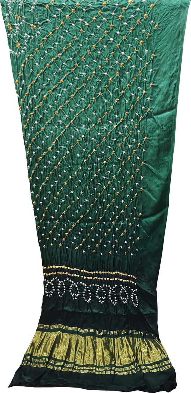 Green Bandhani Hand Bandhej Gajji Silk Three Piece Unstitched Suit Set - Luxurion World