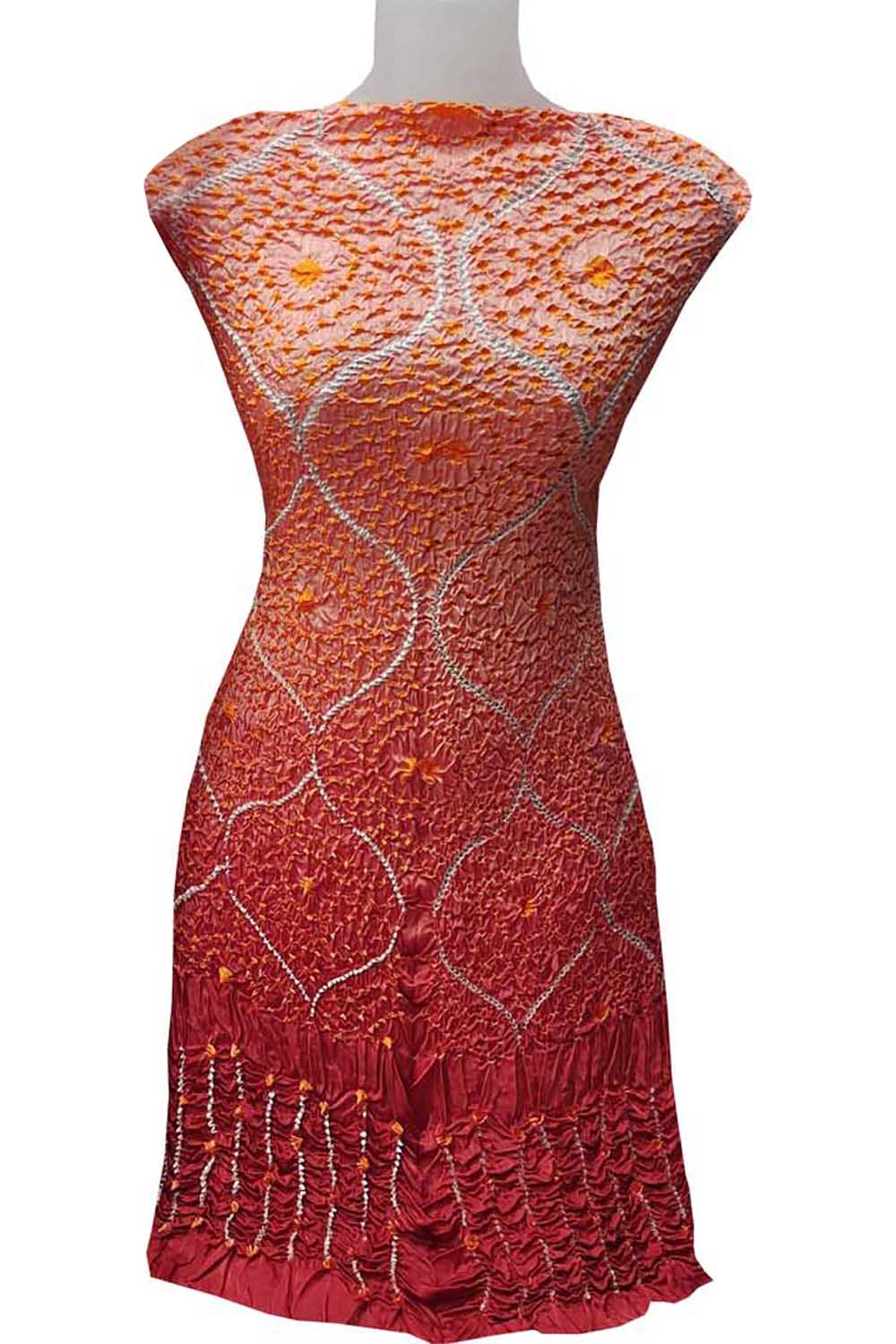 Vibrant Orange Bandhani Hand Bandhej Gajji Silk 3-Piece Unstitched Suit Set - Luxurion World