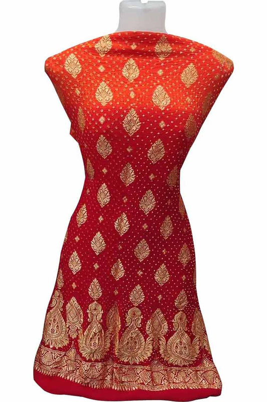 Orange & Red Banarasi Bandhani Handloom Pure Georgette Three Piece Unstitched Suit Set - Luxurion World