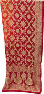 Orange & Red Banarasi Bandhani Handloom Pure Georgette Three Piece Unstitched Suit Set - Luxurion World