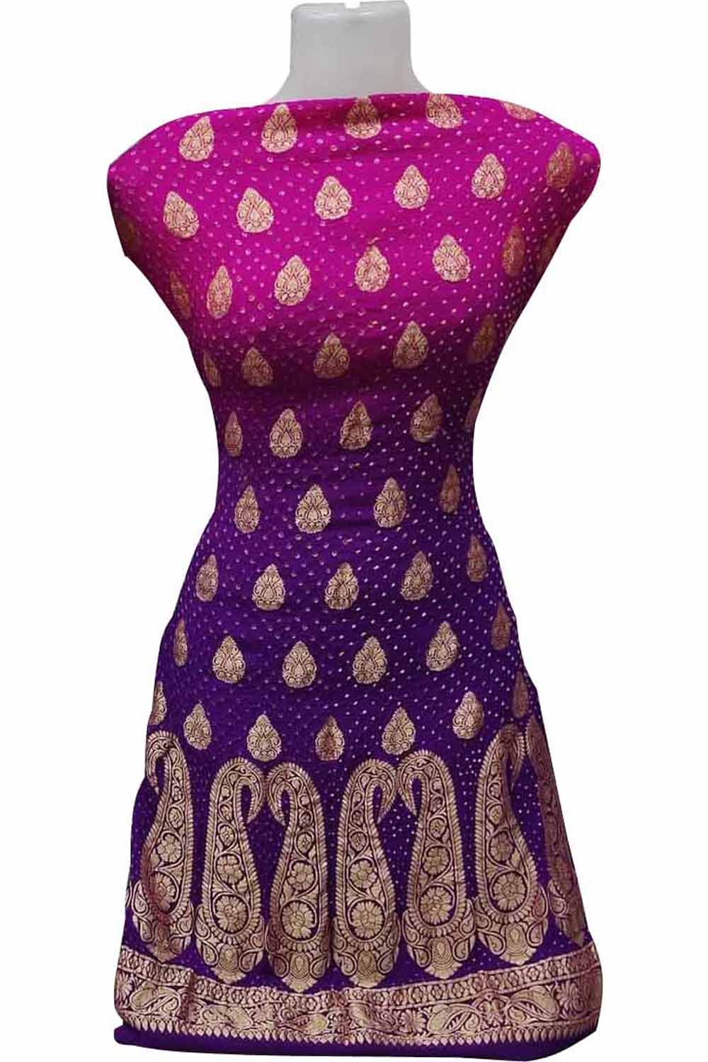 Pink & Purple Banarasi Bandhani Handloom Pure Georgette 3-Piece Suit - Luxurion World