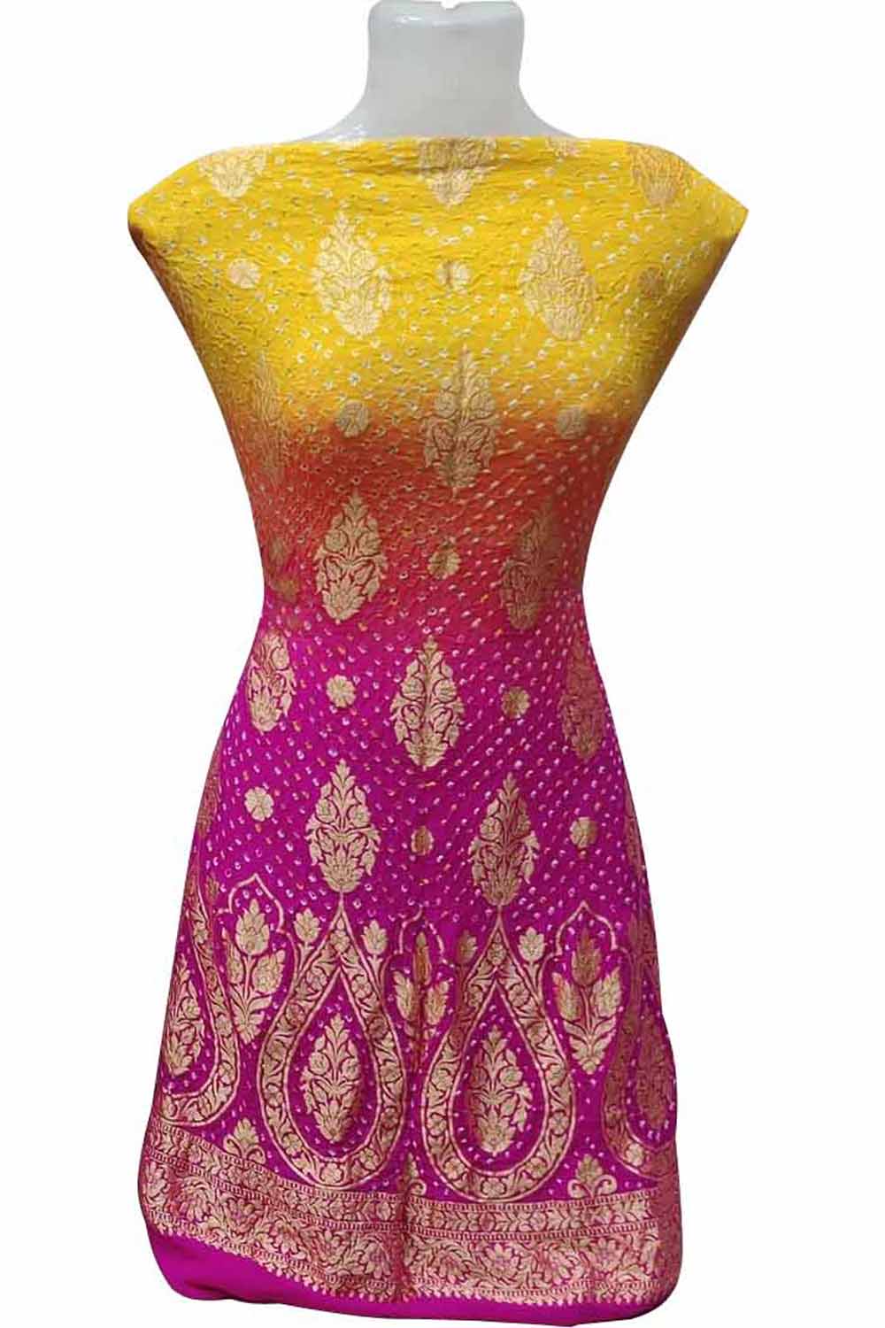 Multicolor Banarasi Bandhani Handloom Pure Georgette Three Piece Unstitched Suit Set - Luxurion World