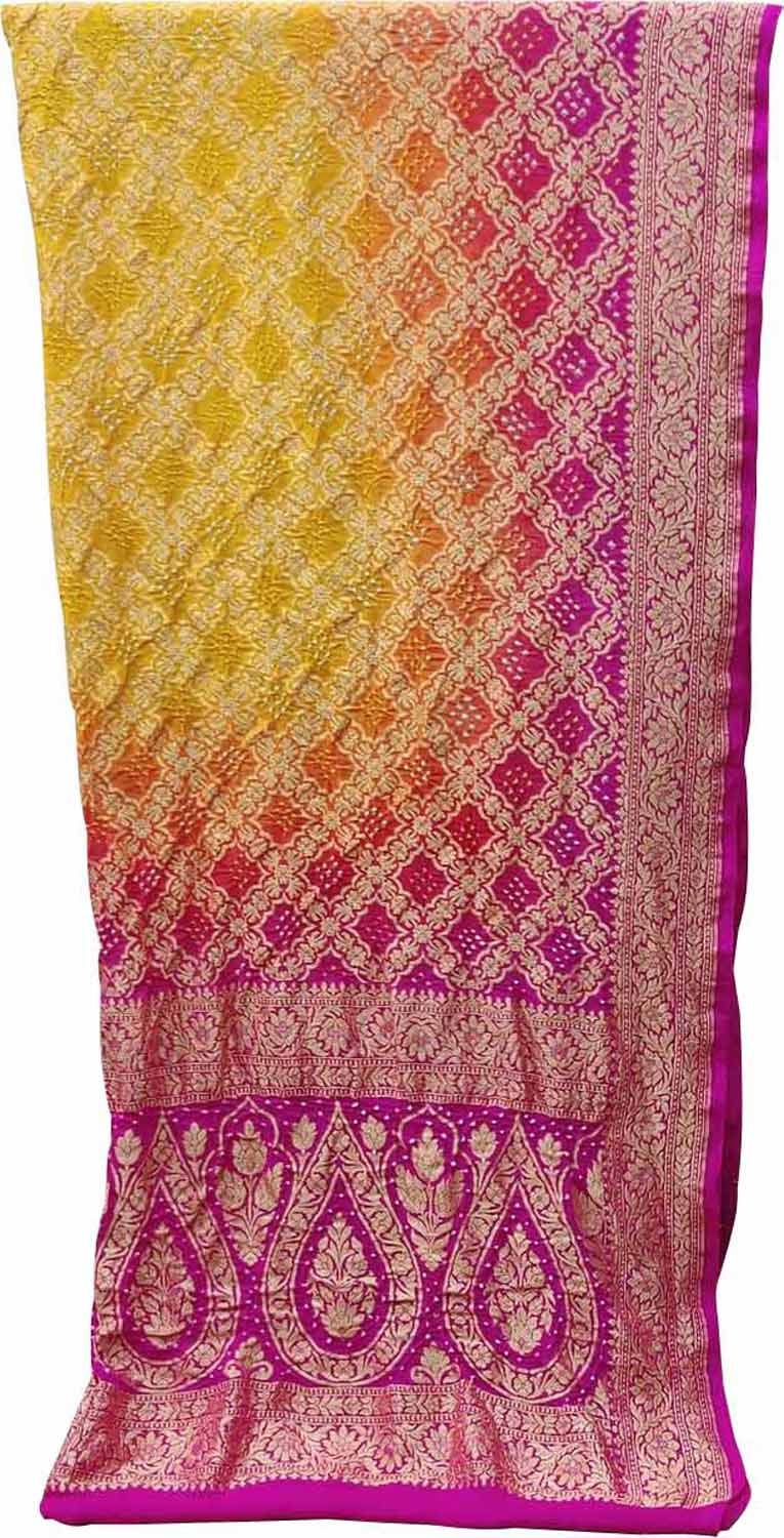 Multicolor Banarasi Bandhani Handloom Pure Georgette Three Piece Unstitched Suit Set - Luxurion World