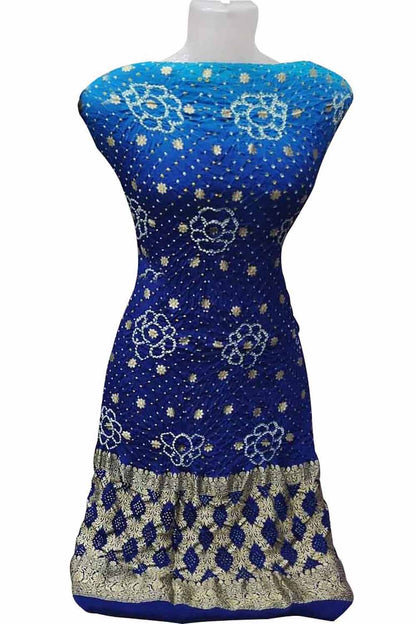 Blue Banarasi Bandhani Handloom Pure Georgette Three Piece Unstitched Suit Set: Traditional Elegance Redefined - Luxurion World