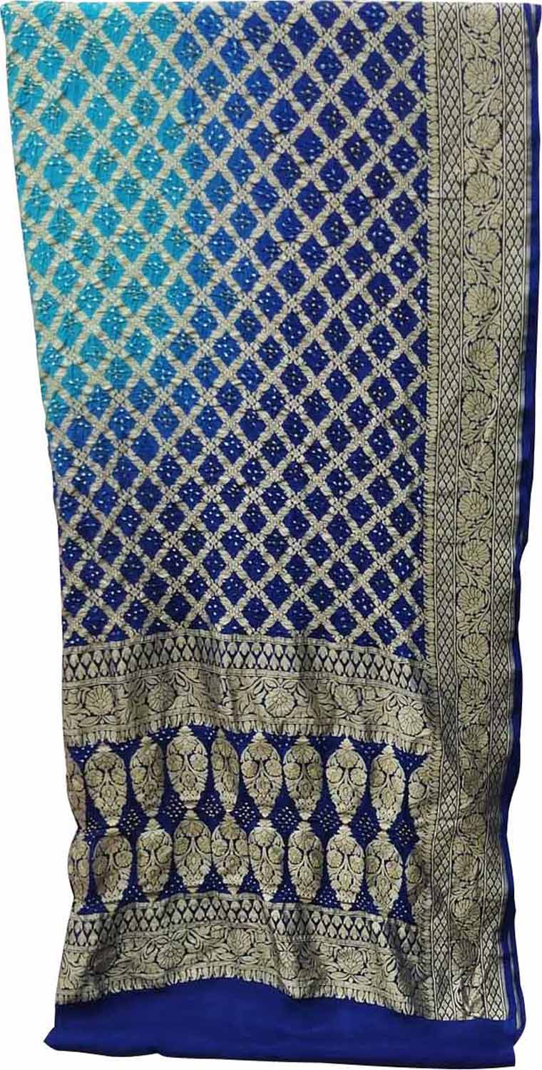 Blue Banarasi Bandhani Handloom Pure Georgette Three Piece Unstitched Suit Set: Traditional Elegance Redefined - Luxurion World