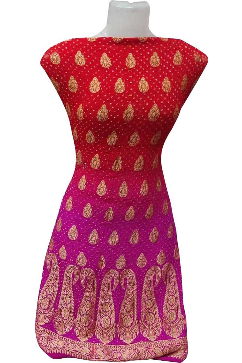 Red And Pink Banarasi Bandhani Handloom Pure Georgette Three Piece Unstitched Suit Set - Luxurion World