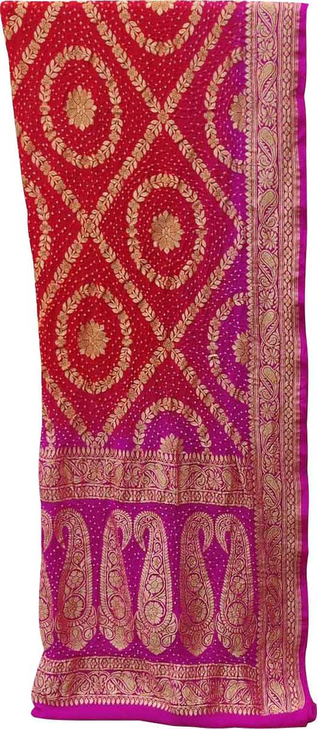 Red And Pink Banarasi Bandhani Handloom Pure Georgette Three Piece Unstitched Suit Set - Luxurion World