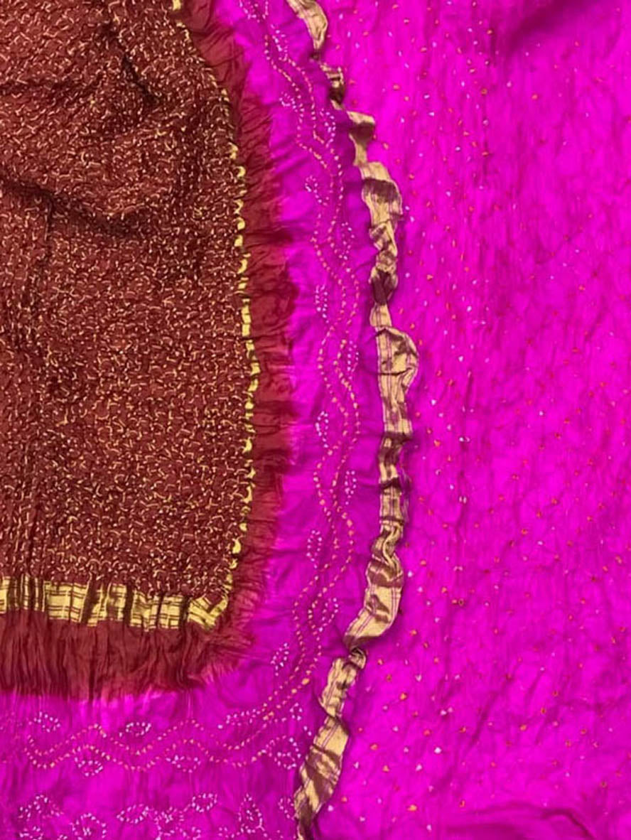 Pink And Maroon Bandhani Pure Silk Three Piece Unstitched Suit Set - Luxurion World