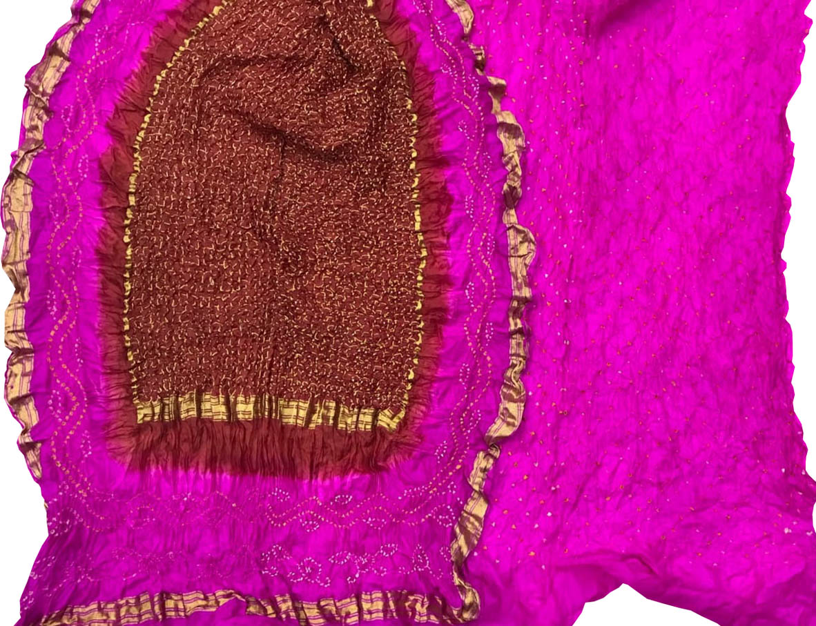 Pink And Maroon Bandhani Pure Silk Three Piece Unstitched Suit Set - Luxurion World