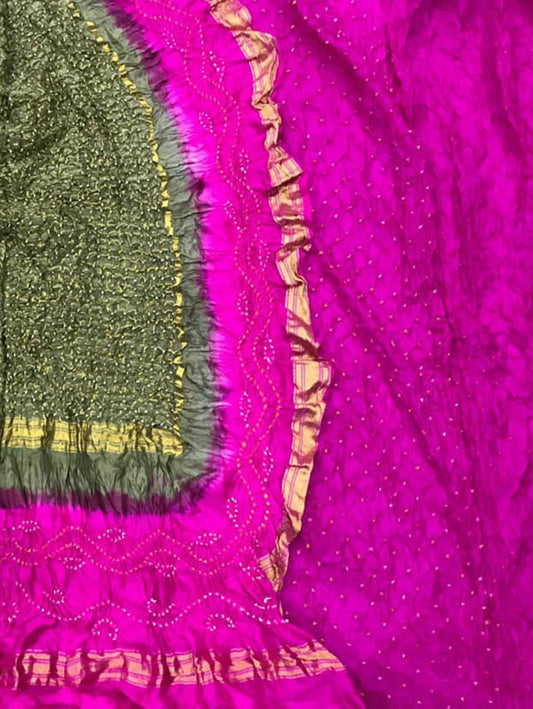 Pink And Green Bandhani Pure Silk Three Piece Unstitched Suit Set - Luxurion World