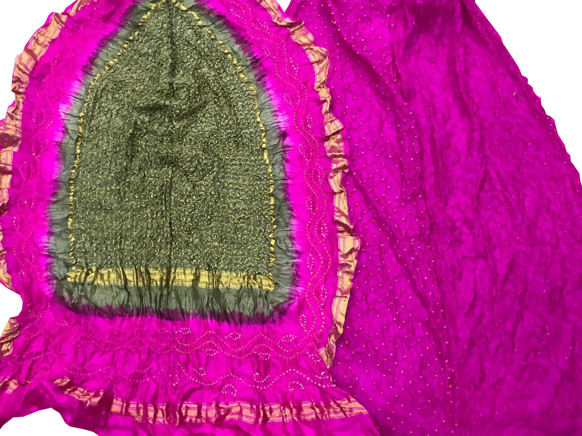 Pink And Green Bandhani Pure Silk Three Piece Unstitched Suit Set - Luxurion World