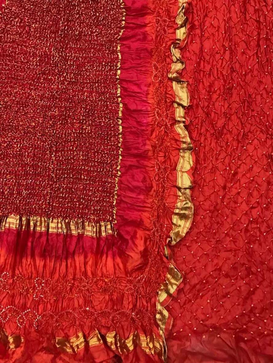 Red Bandhani Pure Silk Three Piece Unstitched Suit Set - Luxurion World