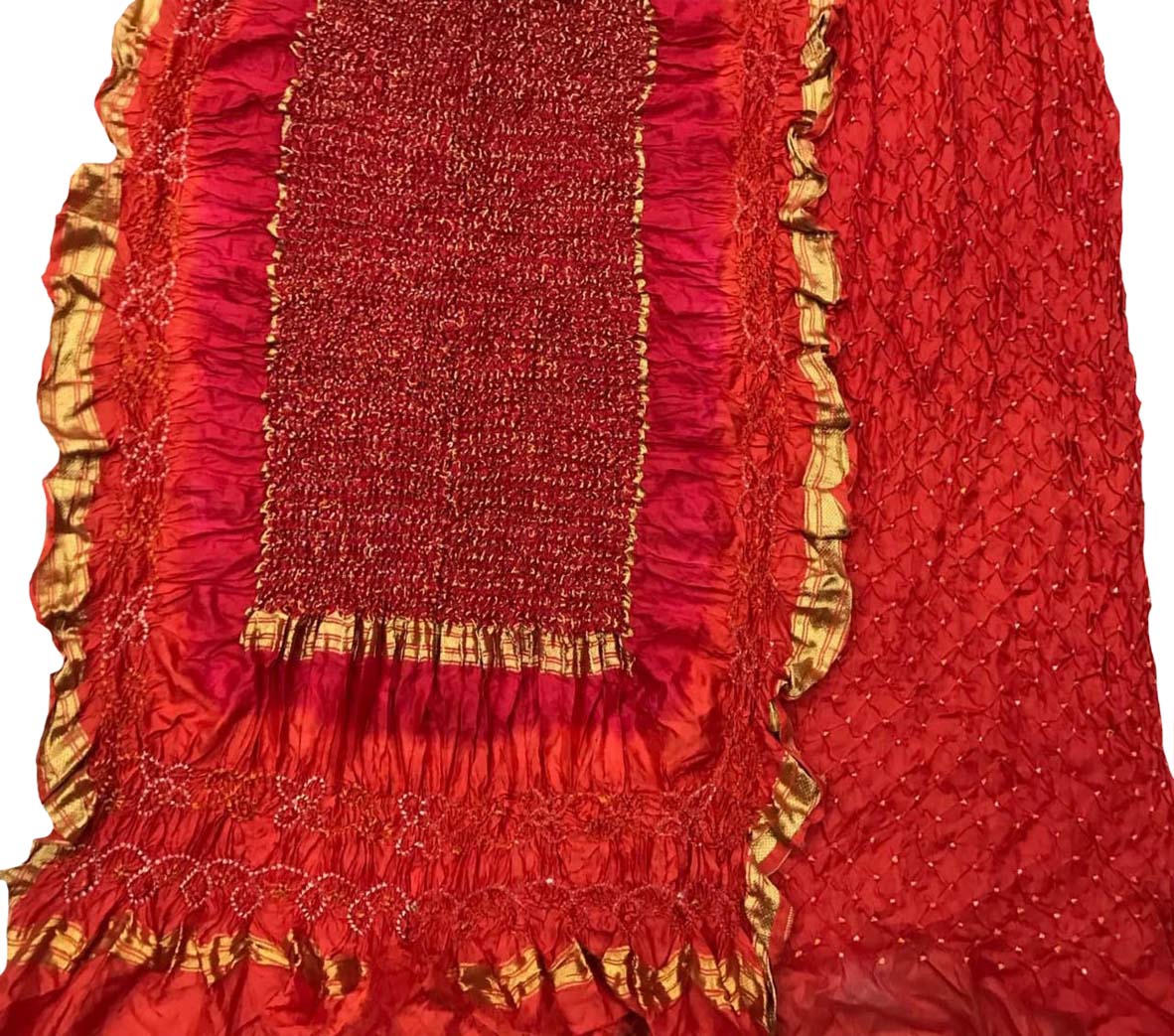 Red Bandhani Pure Silk Three Piece Unstitched Suit Set - Luxurion World