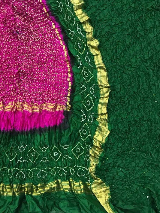 Green And Pink Bandhani Pure Silk Three Piece Unstitched Suit Set - Luxurion World