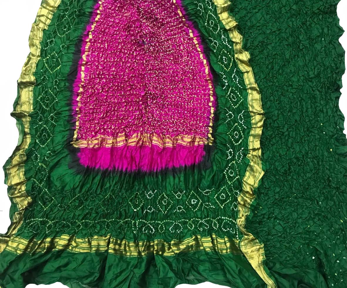 Green And Pink Bandhani Pure Silk Three Piece Unstitched Suit Set - Luxurion World