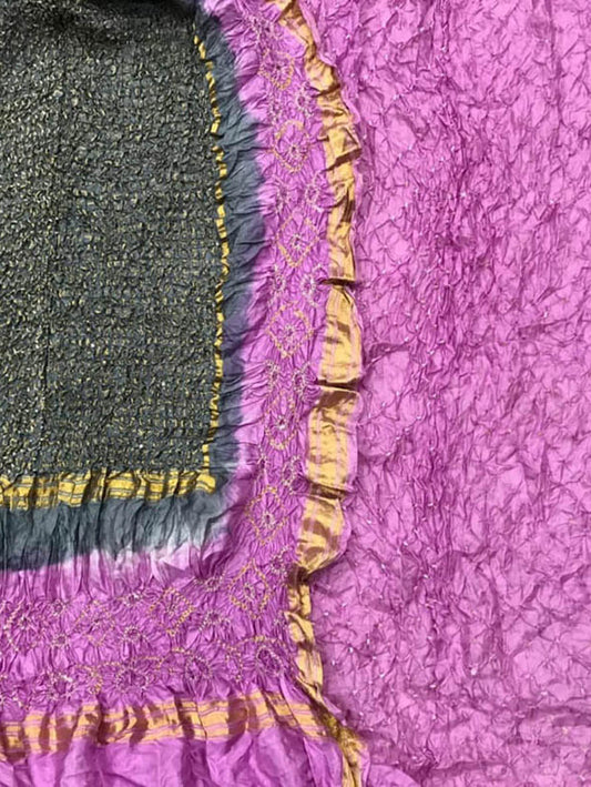 Pink And Grey Bandhani Pure Silk Three Piece Unstitched Suit Set - Luxurion World