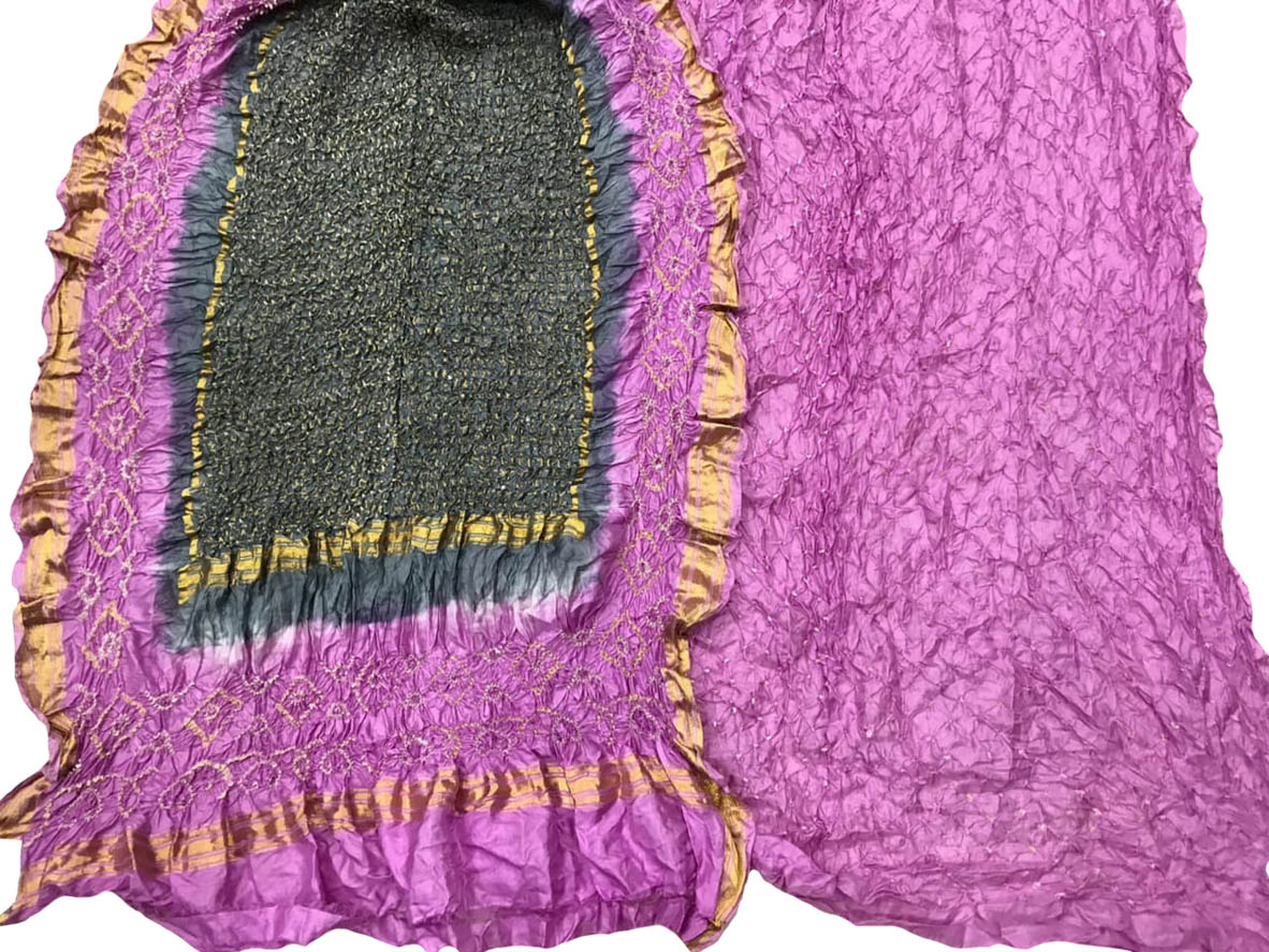 Pink And Grey Bandhani Pure Silk Three Piece Unstitched Suit Set - Luxurion World