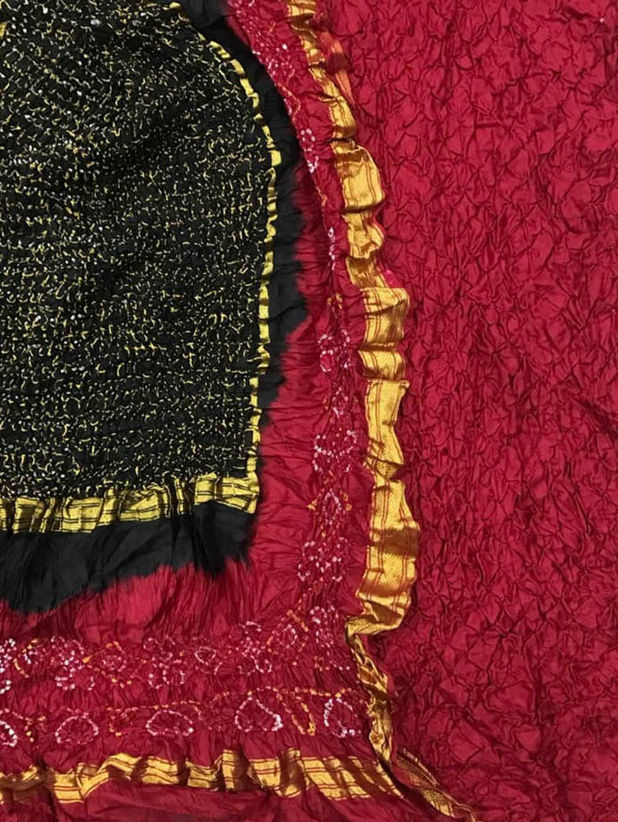 Red And Black Bandhani Pure Silk Three Piece Unstitched Suit Set - Luxurion World