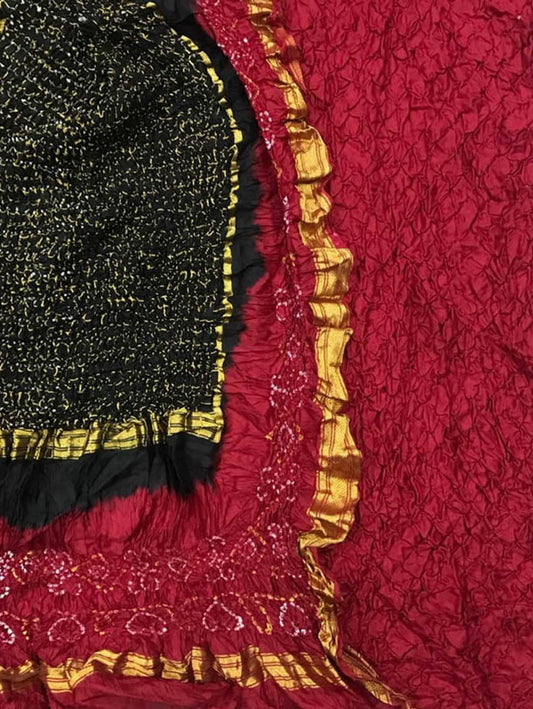 Red And Black Bandhani Pure Silk Three Piece Unstitched Suit Set - Luxurion World