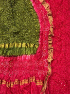 Pink And Green Bandhani Pure Silk Three Piece Unstitched Suit Set - Luxurion World