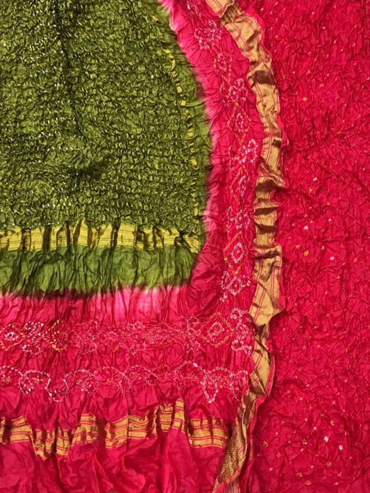Pink And Green Bandhani Pure Silk Three Piece Unstitched Suit Set - Luxurion World