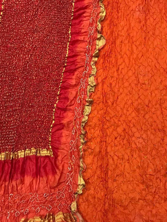 Orange And Red Bandhani Pure Silk Three Piece Unstitched Suit Set