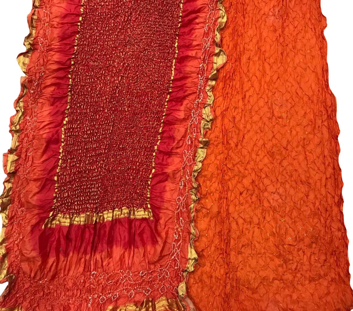 Orange And Red Bandhani Pure Silk Three Piece Unstitched Suit Set - Luxurion World