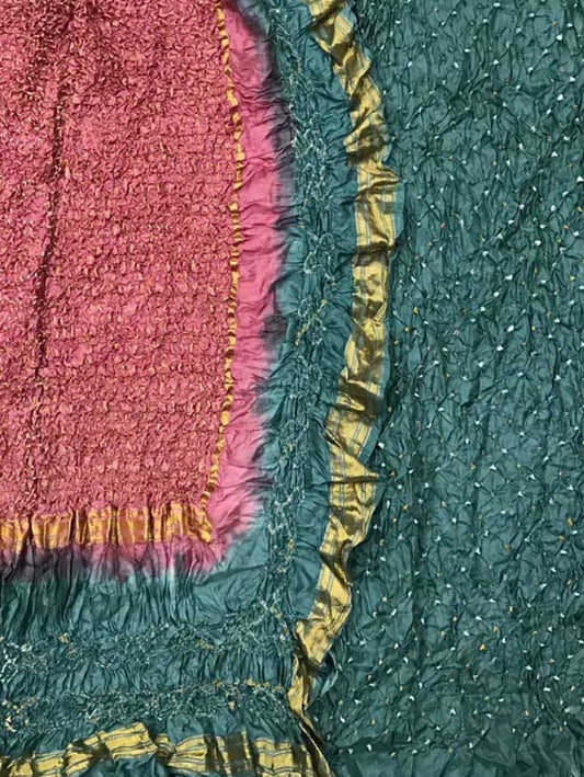 Green And Pink Bandhani Pure Silk Three Piece Unstitched Suit Set - Luxurion World