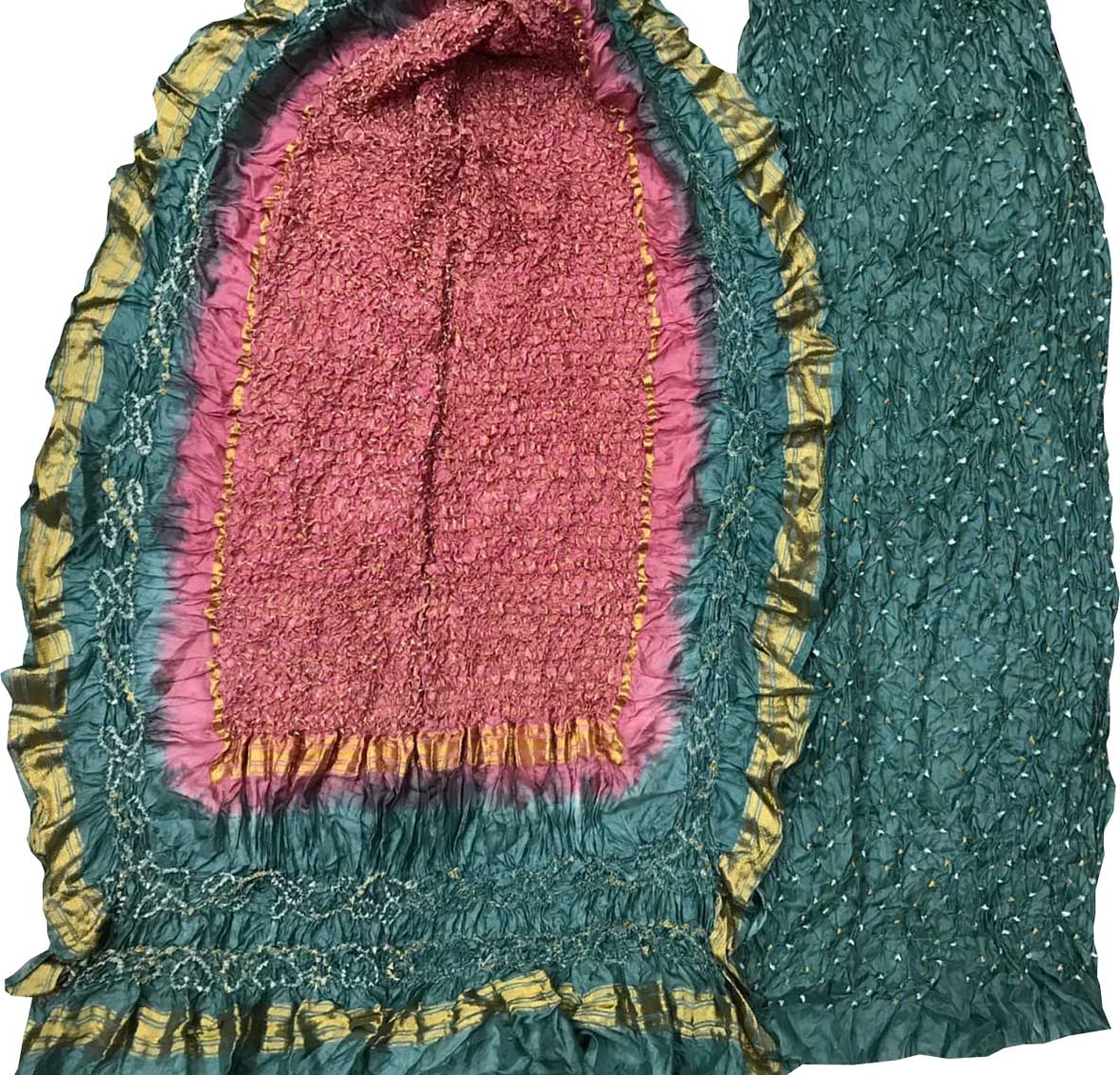 Green And Pink Bandhani Pure Silk Three Piece Unstitched Suit Set - Luxurion World